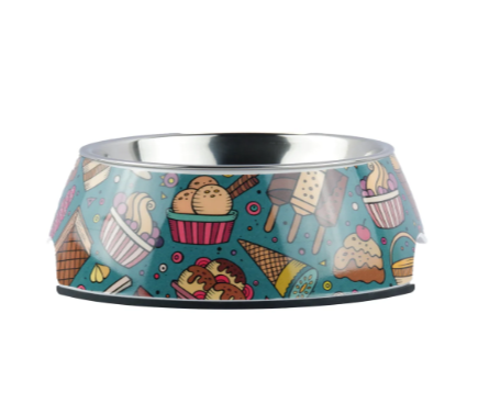 Pettrends Ice Cream and Muffins Pattern Melamine & Stainless Steel Dogs and Cats Feeding and Bowl