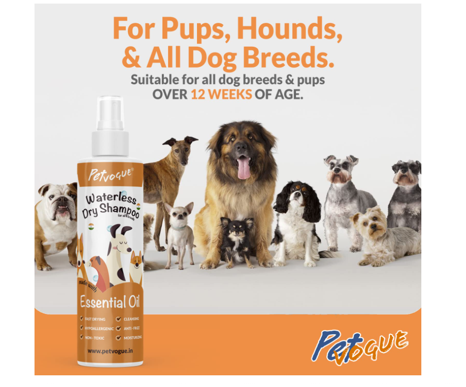 PetVogue Dog Dry Shampoo Bath - Dog Natural Waterless Spray Shampoo (Made In India) 200ml